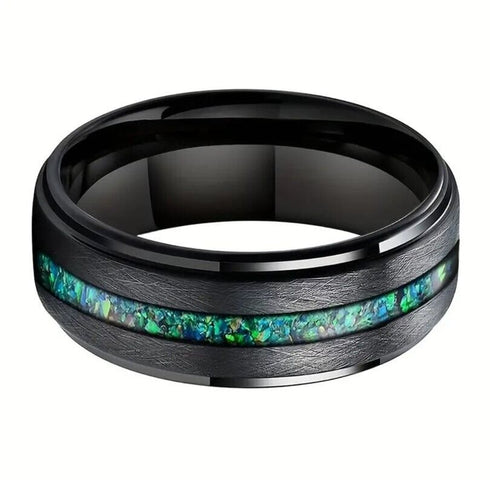 Men's 8mm Tungsten Beveled Edges Black Emerald Opal Siderite Wedding Band